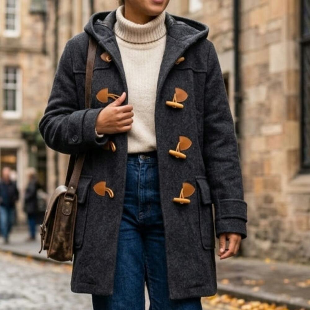 Vintage Wool-blend Duffle Coat Attached Hood Distinctive Leather Toggle Closures